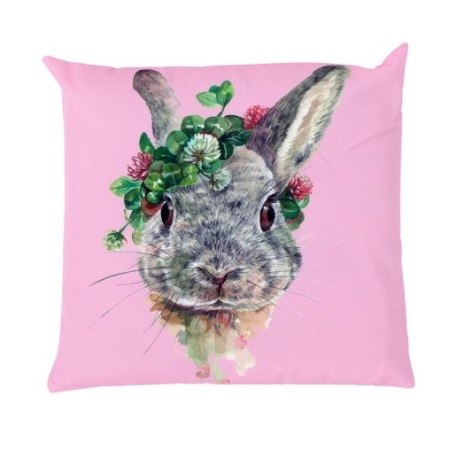 Outdoor-Kissen Hase mit Blumenkranz rosa grau 45 x 45 cm