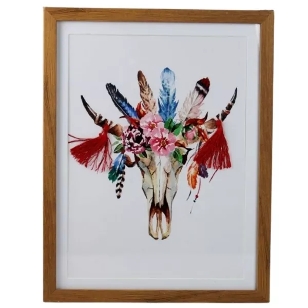 Wandbild mit Rahmen Bullenschädel mit Geweih geschmückt mit Federn und Blumen